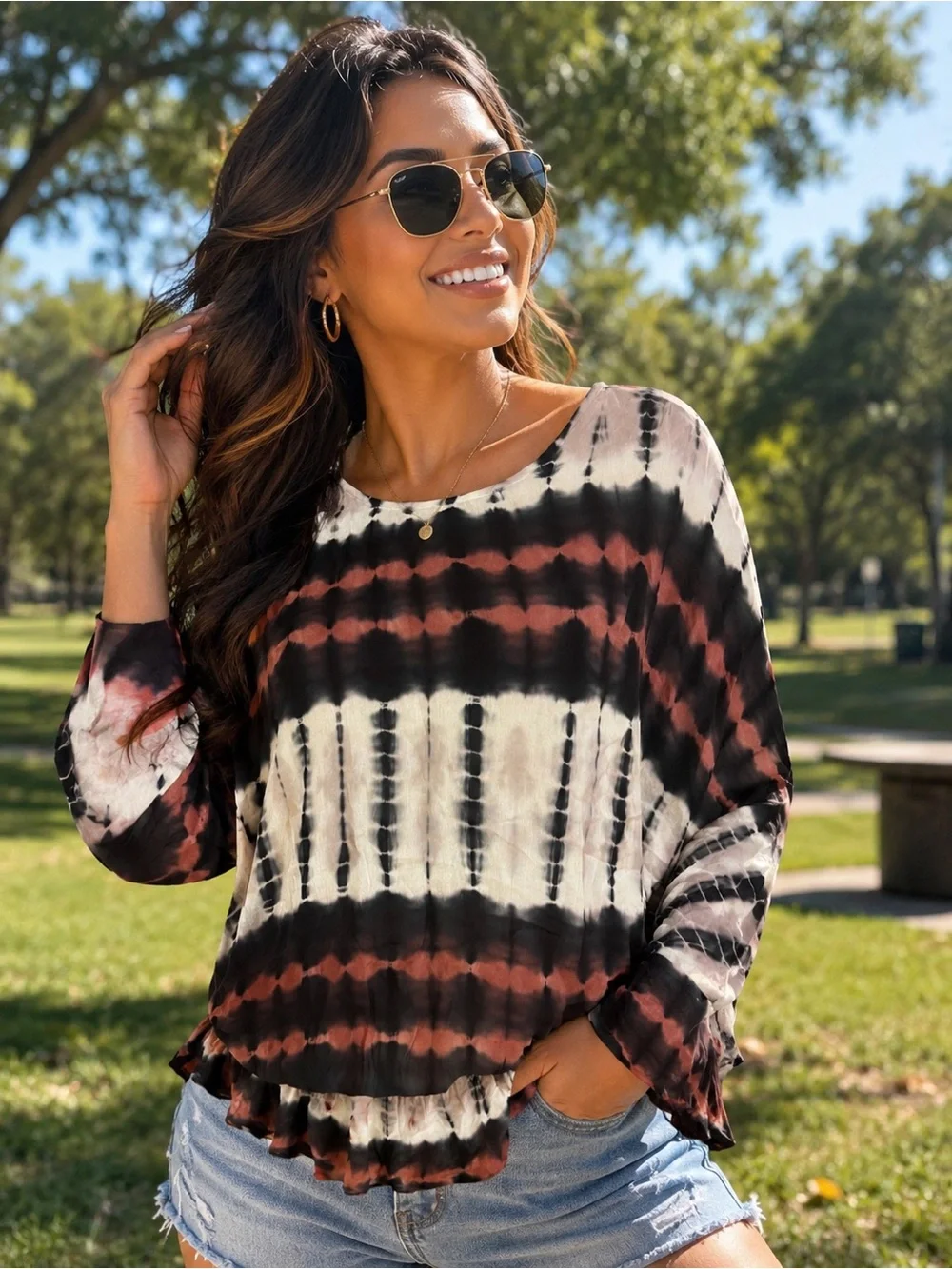 Young Fabulous & Broke Women’s Black and Rust Tie-Dye Long Sleeve Top
